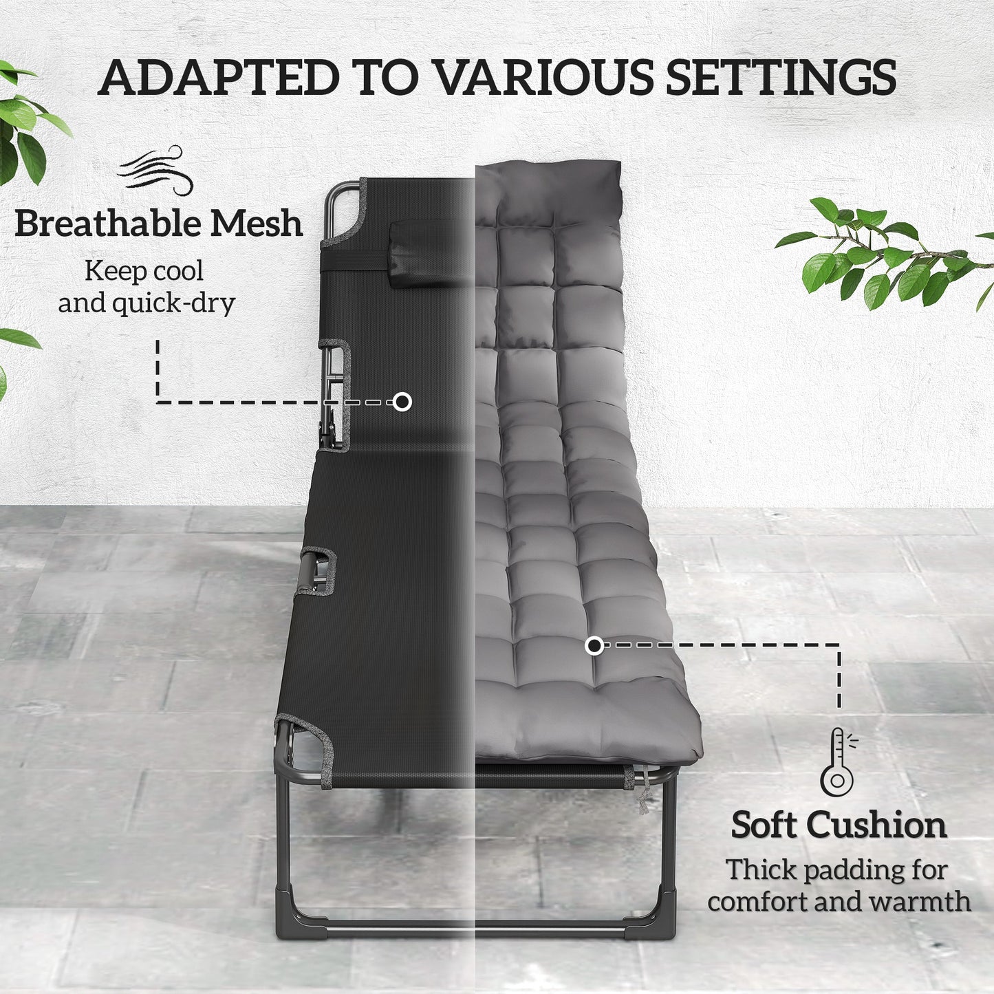 Outsunny Folding Sun Loungers Set Of 2 For Garden 5 Position Oversized Camping Bed Recliner With Cushions Dark Grey