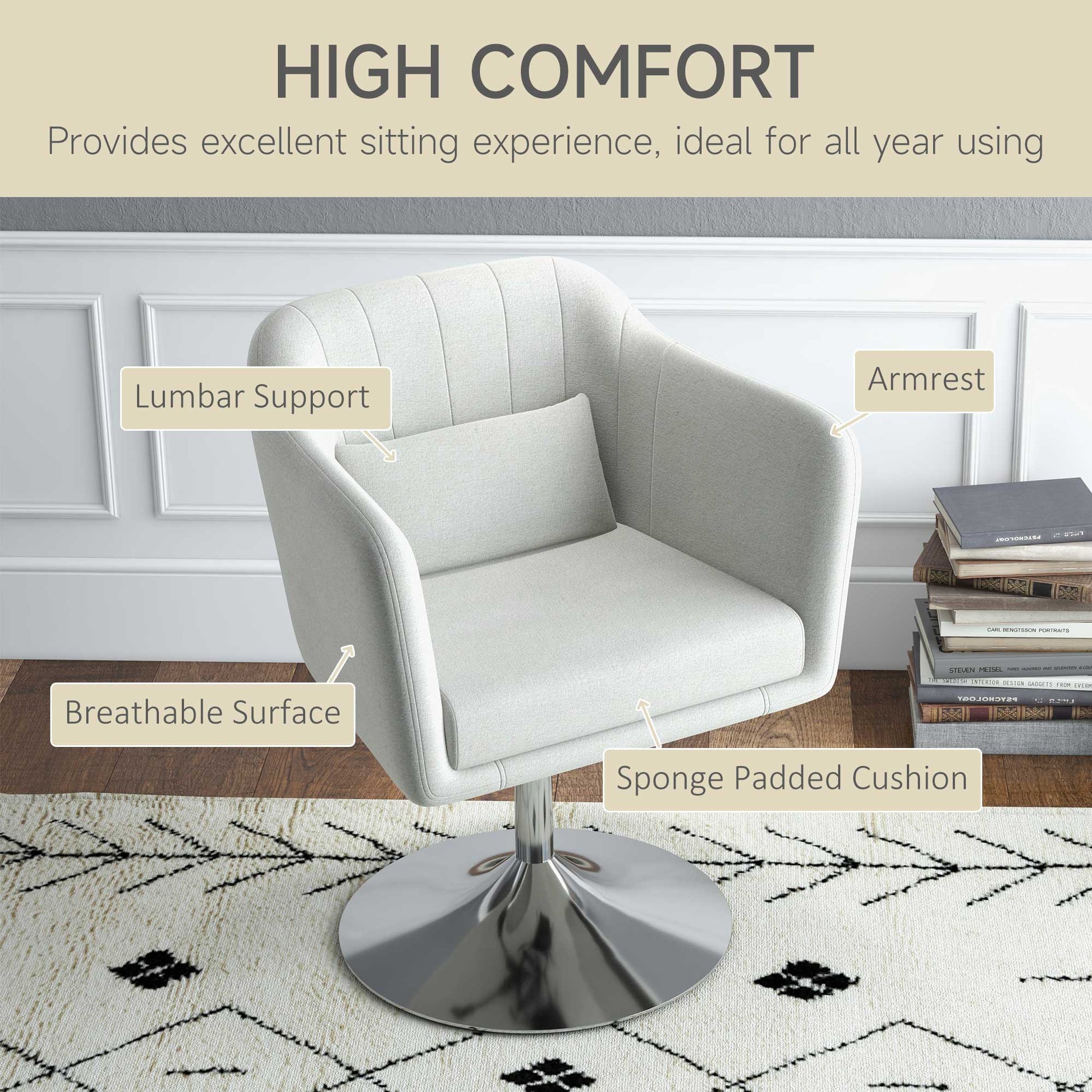 HOMCOM Modern Accent Chair Swivel Base Height Adjustable Arm Chair Pillow Living Room Bedroom Cream White - ALL4U RETAILER LTD