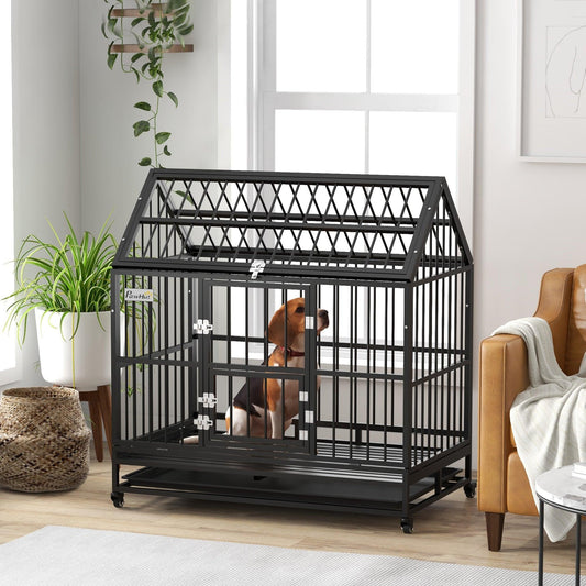 PawHut 48" Heavy Duty Dog Crate on Wheels, with Removable Tray, Openable Top, for L, XL Dogs - Black - ALL4U RETAILER LTD