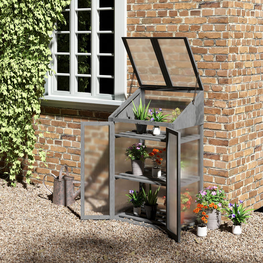 Outsunny 3-Tier Wooden Greenhouse with Openable Lid and Polycarbonate Glazing, 70 x 50 x 120 cm, Grey - ALL4U RETAILER LTD