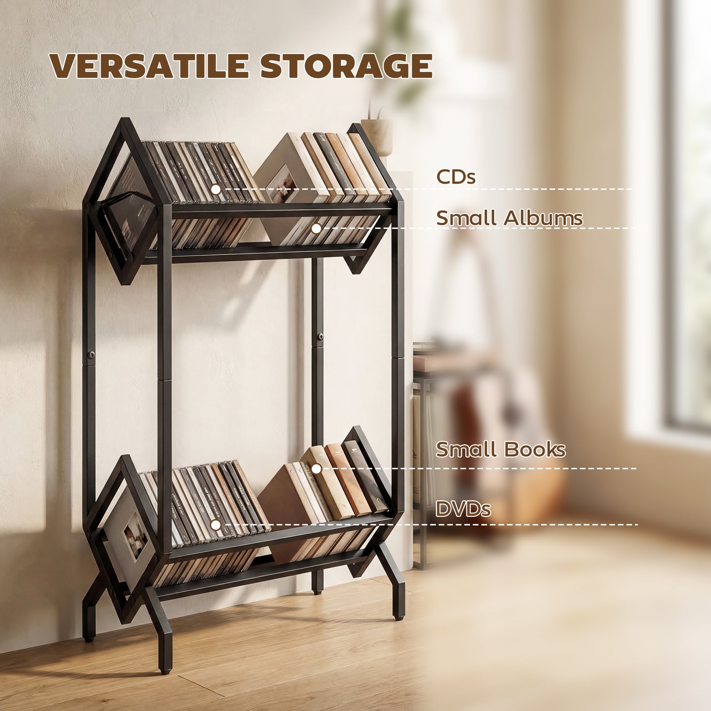 HOMCOM 50 CD Storage Rack 2 Tier Metal CD Organizer Free Standing Easy to Assemble Black