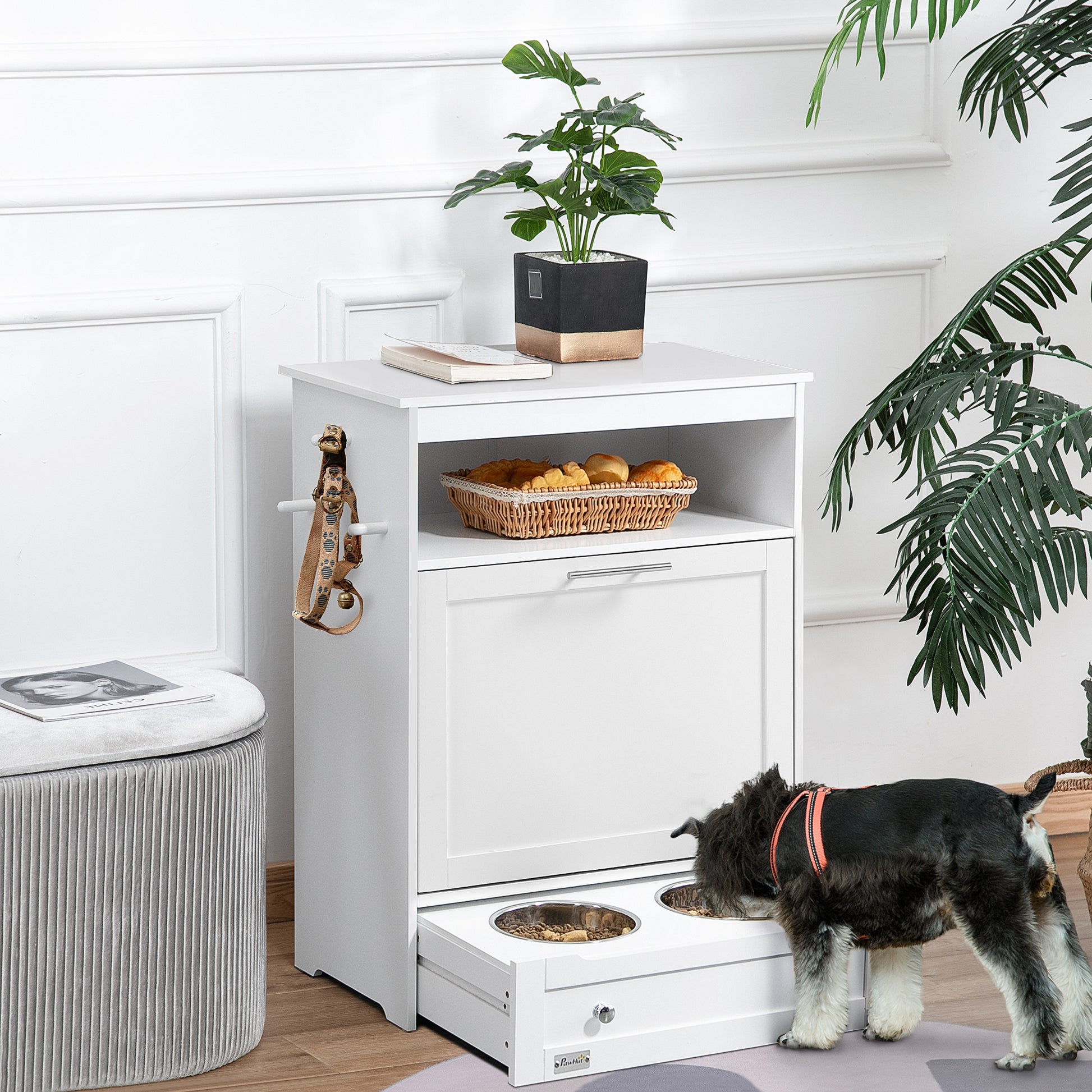 PawHut Elevated Pet Feeding Station with Storage Cabinet and Bowls - White Design - ALL4U RETAILER LTD