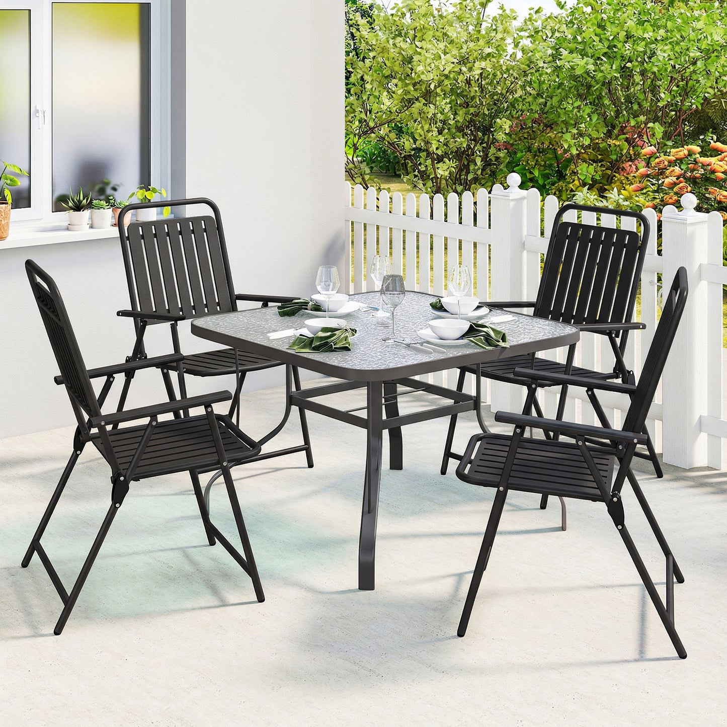 Outsunny Folding Garden Chairs Set Of 4 With Steel Frame Black Plastic Slatted Seats And Armrests For Outdoor Dining