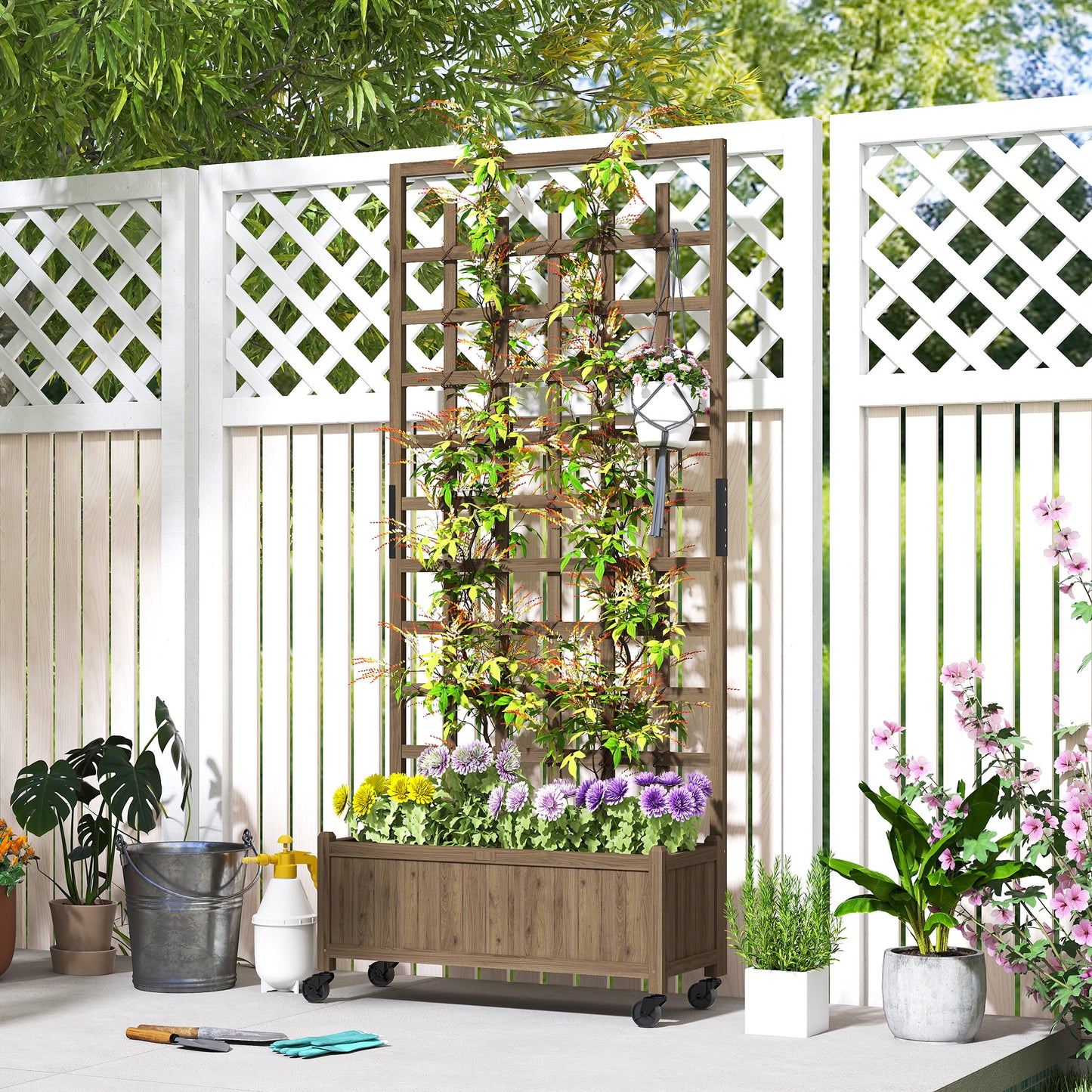 Outsunny Wooden Trellis Planter With Wheels Raised Garden Bed For Vegetables, Herbs And Flowers Brown