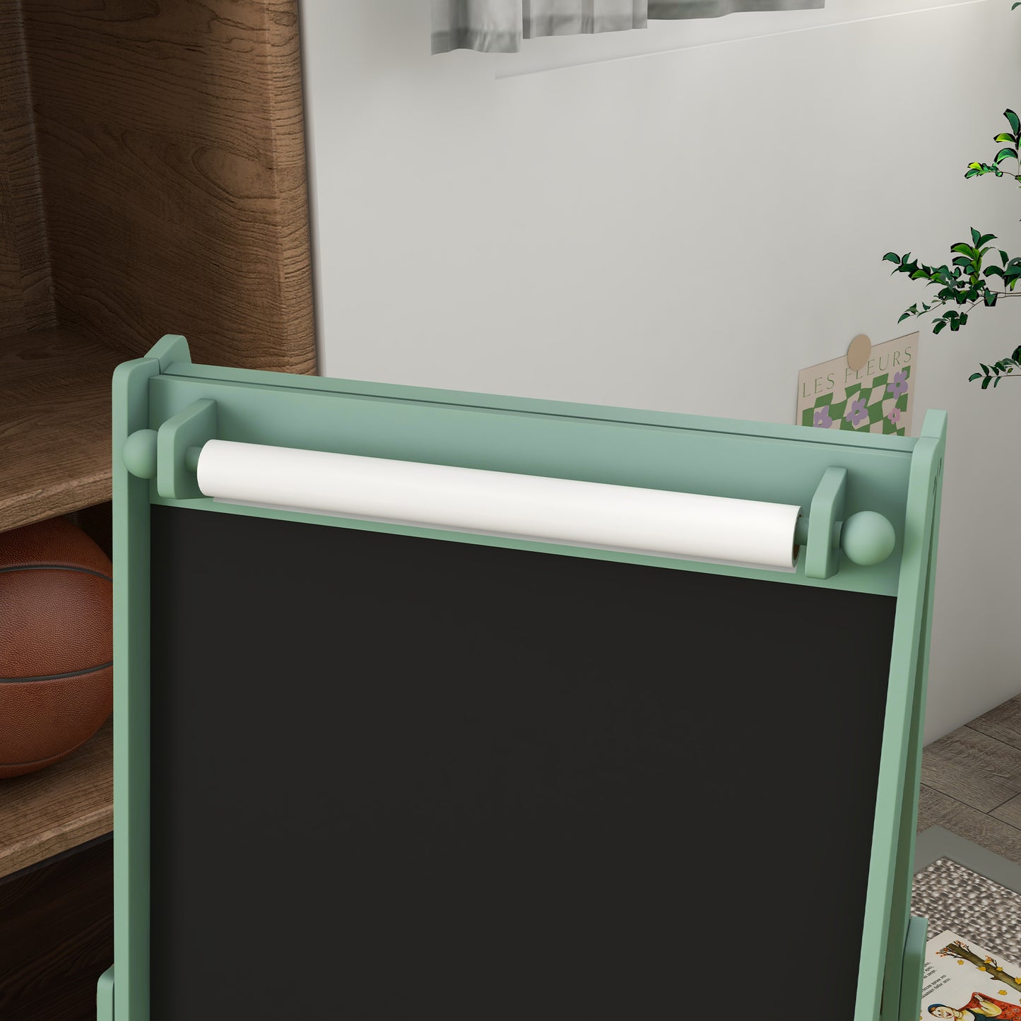 AIYAPLAY Three In One Kids Easel With Paper Roll Blackboard And Whiteboard Storage Green
