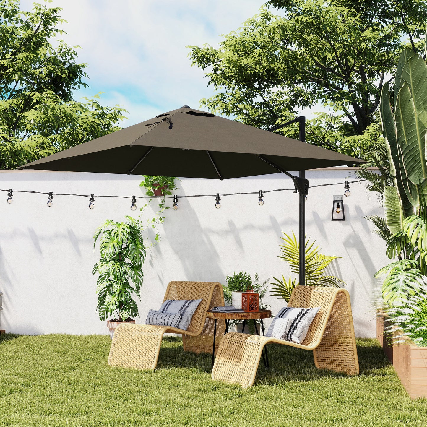Outsunny Patio Offset Parasol Umbrella With Base Included Tan Aluminium Pole Five Position Adjustable 360 Movement