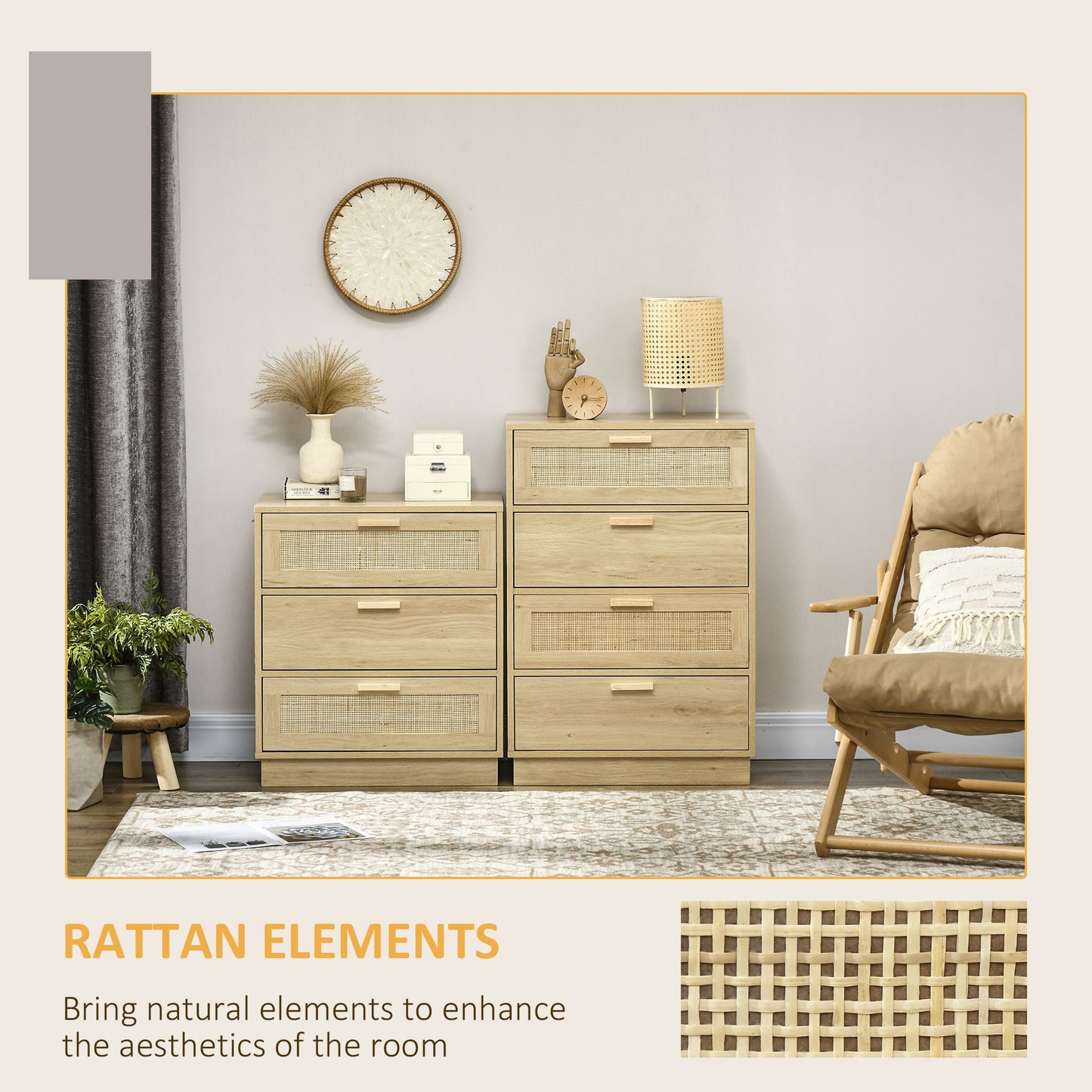 HOMCOM Chest Of Four Drawers With Rattan Weave Panel Accents On Two Drawers In Wood Effect Finish
