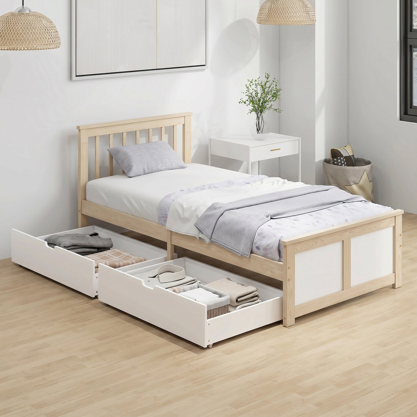 HOMCOM Pine Storage Bed 3ft Single Solid Wooden Bed Frame With Drawers And Headboard Natural Wood Finish