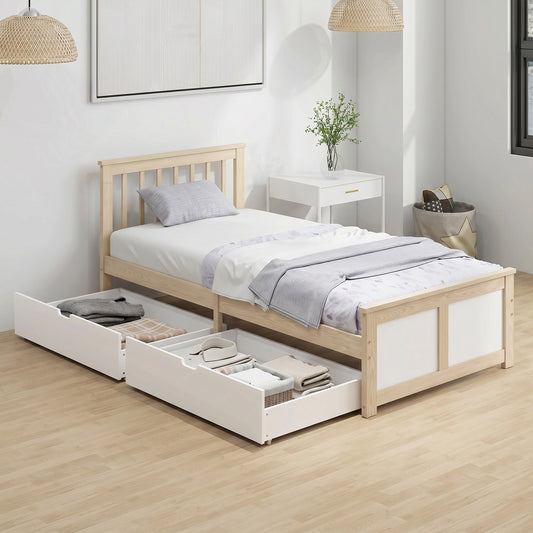 HOMCOM Pine Storage Bed 3ft Single Solid Wooden Bed Frame With Drawers And Headboard Natural Wood Finish
