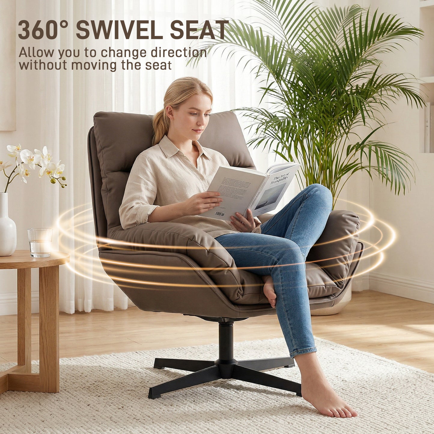 HOMCOM Accent Chair 360 Swivel Armchair For Living Room With Padded Cushion Cat Scratch Resistant Fabric Dark Brown