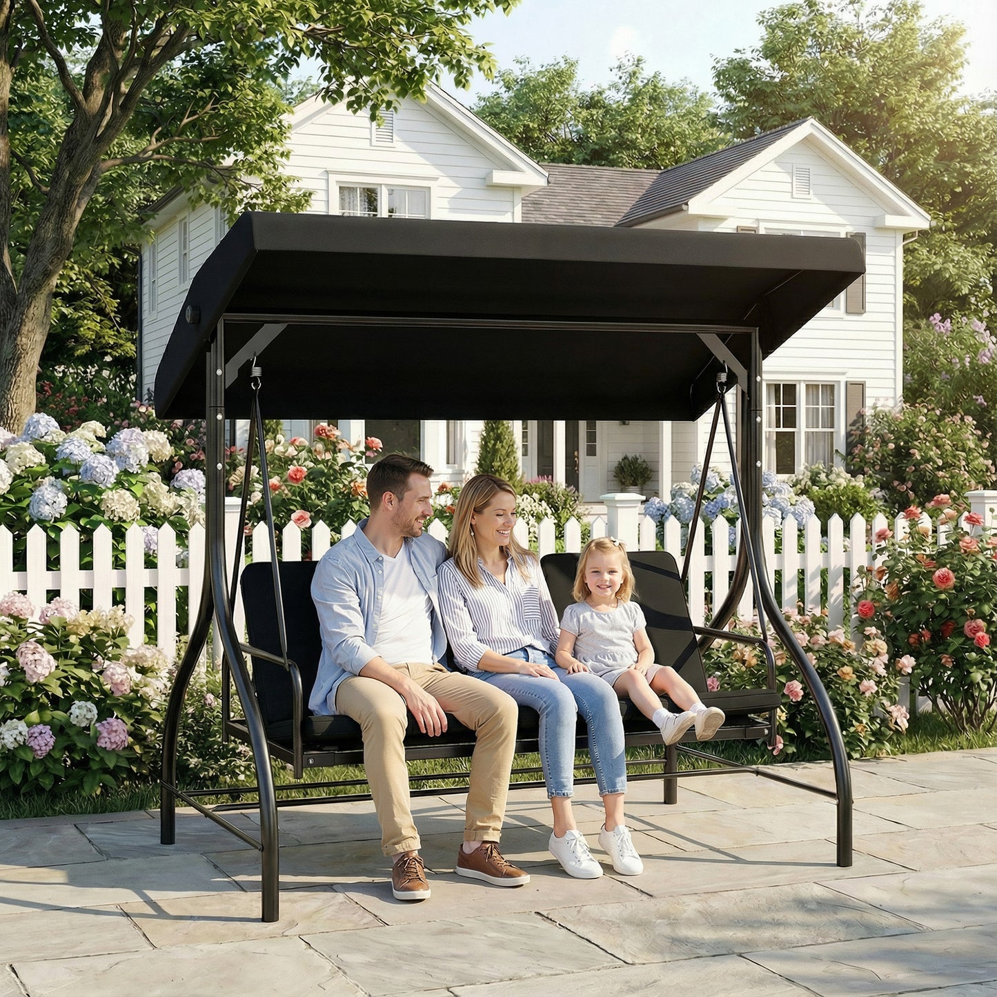 Outsunny 3 Seater Canopy Swing Chair With Adjustable Canopy And Metal Frame Black 2 In 1 Garden Swing Seat Bed