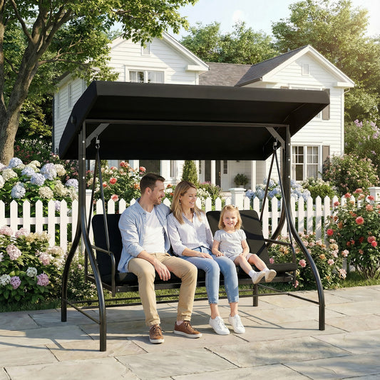 Outsunny 3 Seater Canopy Swing Chair With Adjustable Canopy And Metal Frame Black 2 In 1 Garden Swing Seat Bed