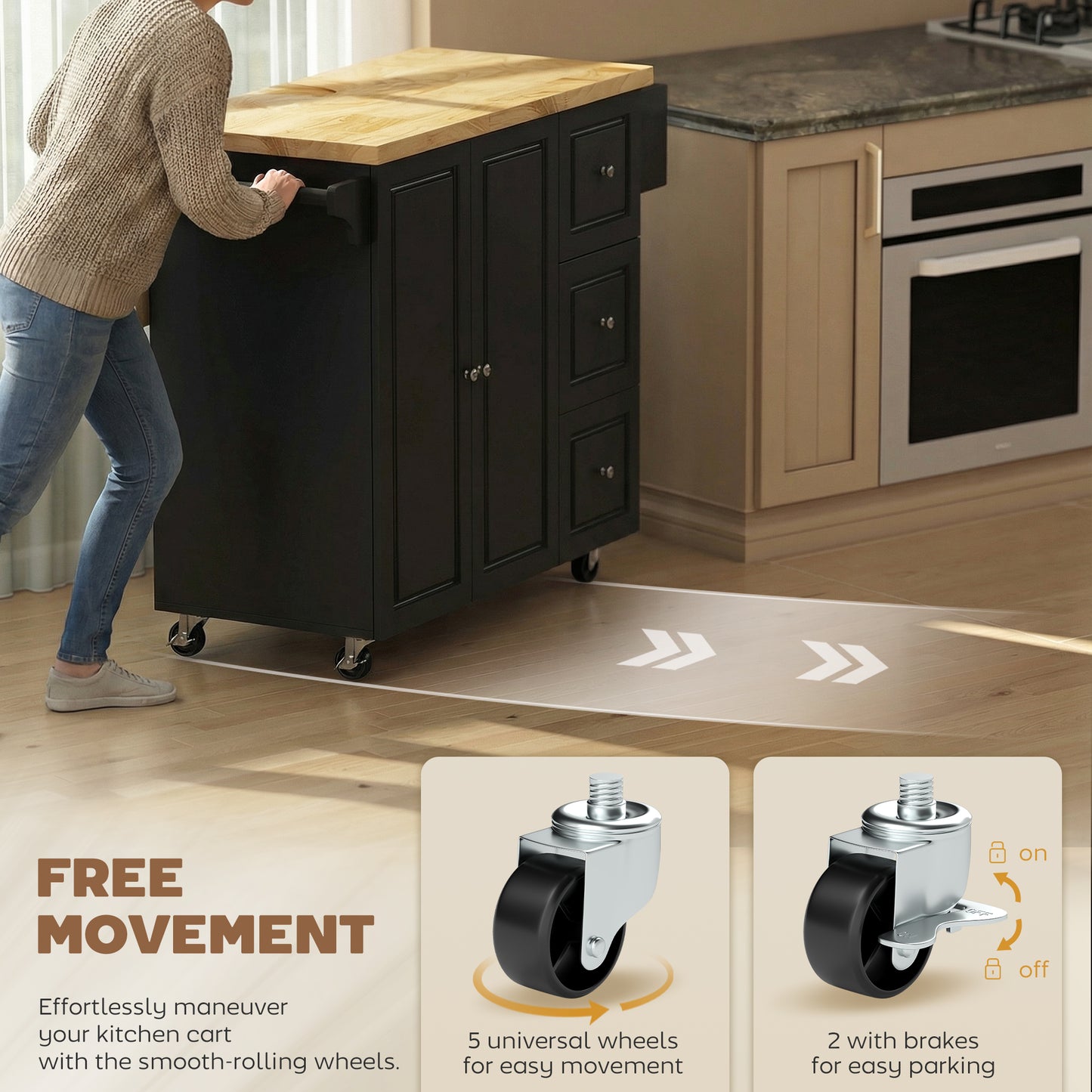 HOMCOM Kitchen Island On Wheels Rolling Kitchen Storage Trolley With Drop Leaf Drawers Towel Rack And Spice Rack Black