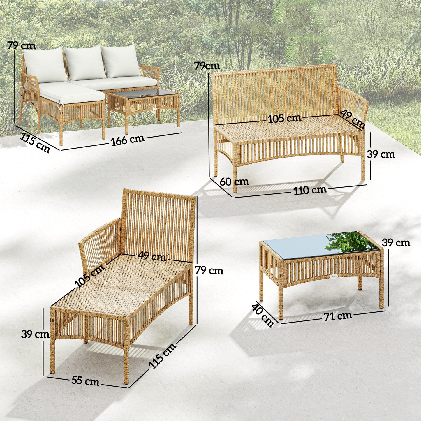 Outsunny 3 Piece Rattan Garden Furniture Set With Corner Sofa, Chaise Lounge And Glass Coffee Table, Cushions