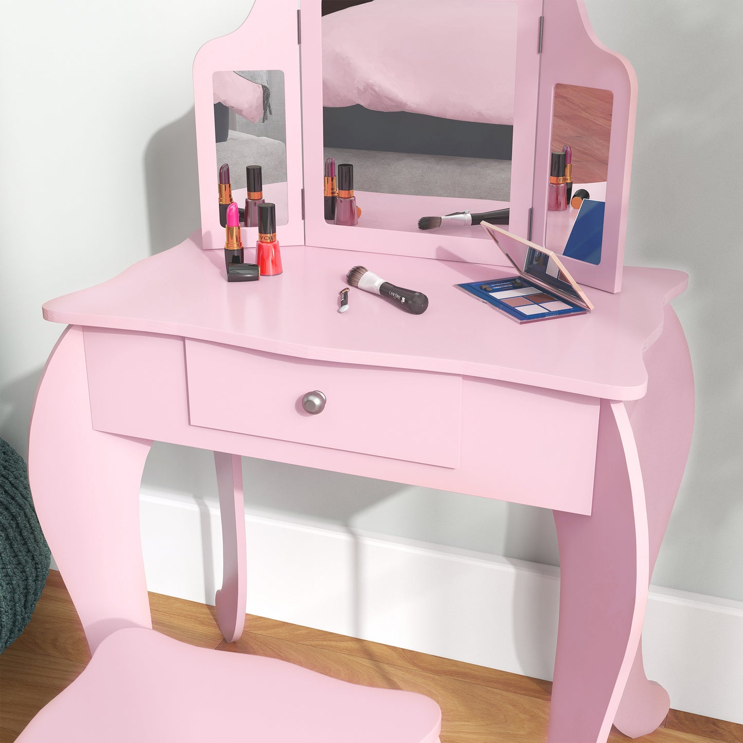 HOMCOM Kids Vanity Table And Chair Set With Tri Folding Mirror Pink Makeup Dressing Table With Drawer