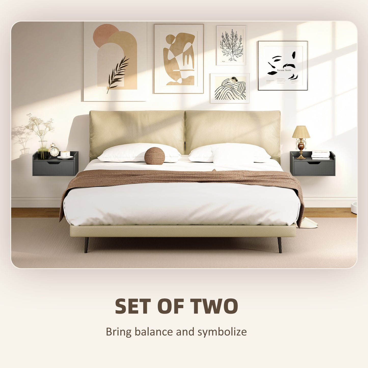 HOMCOM Floating Nightstands Set of 2 Wall Mounted Bedside Tables With Drawers in Black