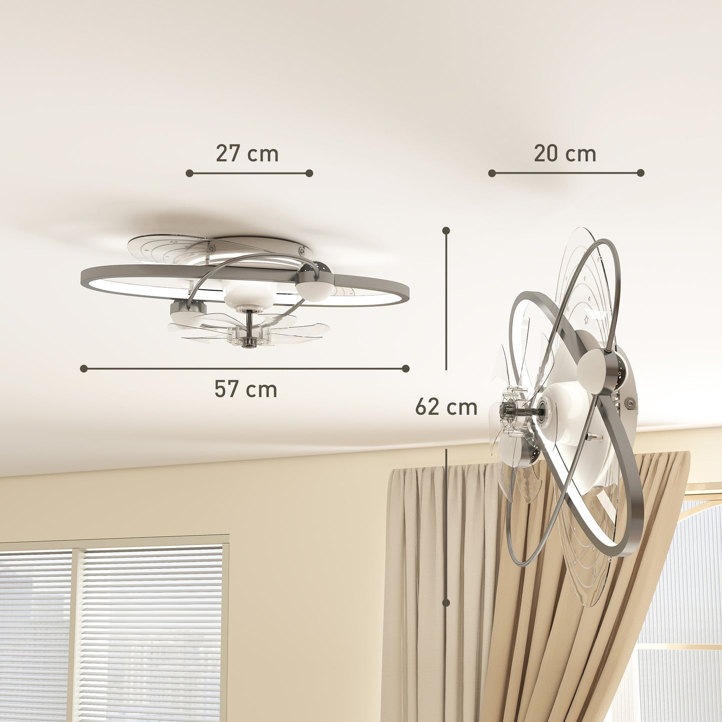 HOMCOM Ceiling Fan With Light And Remote 3 Colour Temperatures LED Mount Ceiling Fan Light For Bedroom Silver Tone