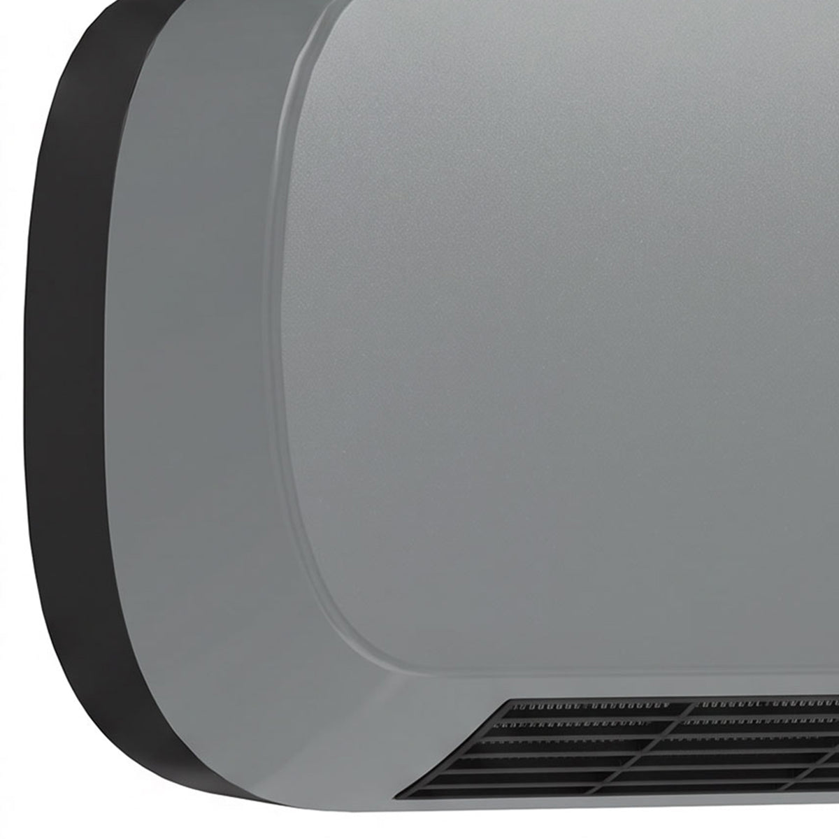 Close-up of gray wall heater front with side vent and air intake grille