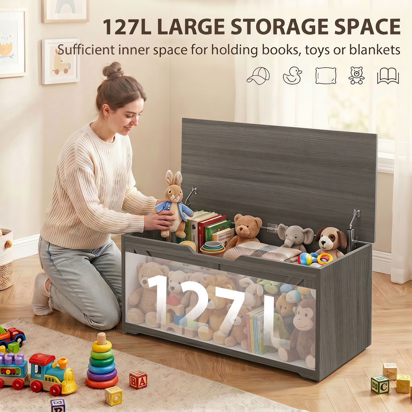 HOMCOM 127L Storage Chest With Safety Hinges And Seat Dark Grey Wood Effect For Living Room Or Bedroom
