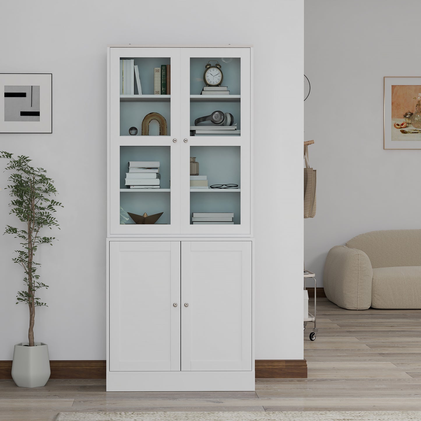 HOMCOM Double Storage Display Cabinet With Adjustable Shelves White MDF Glass Doors