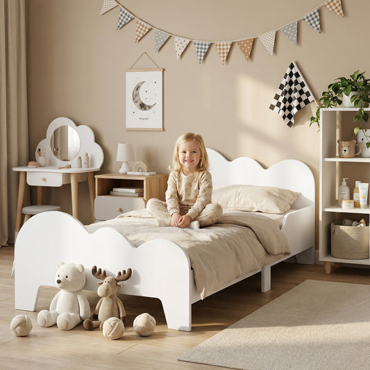 Cloud-themed toddler bed frame with safety rails, low profile, and rounded headboard/footboard