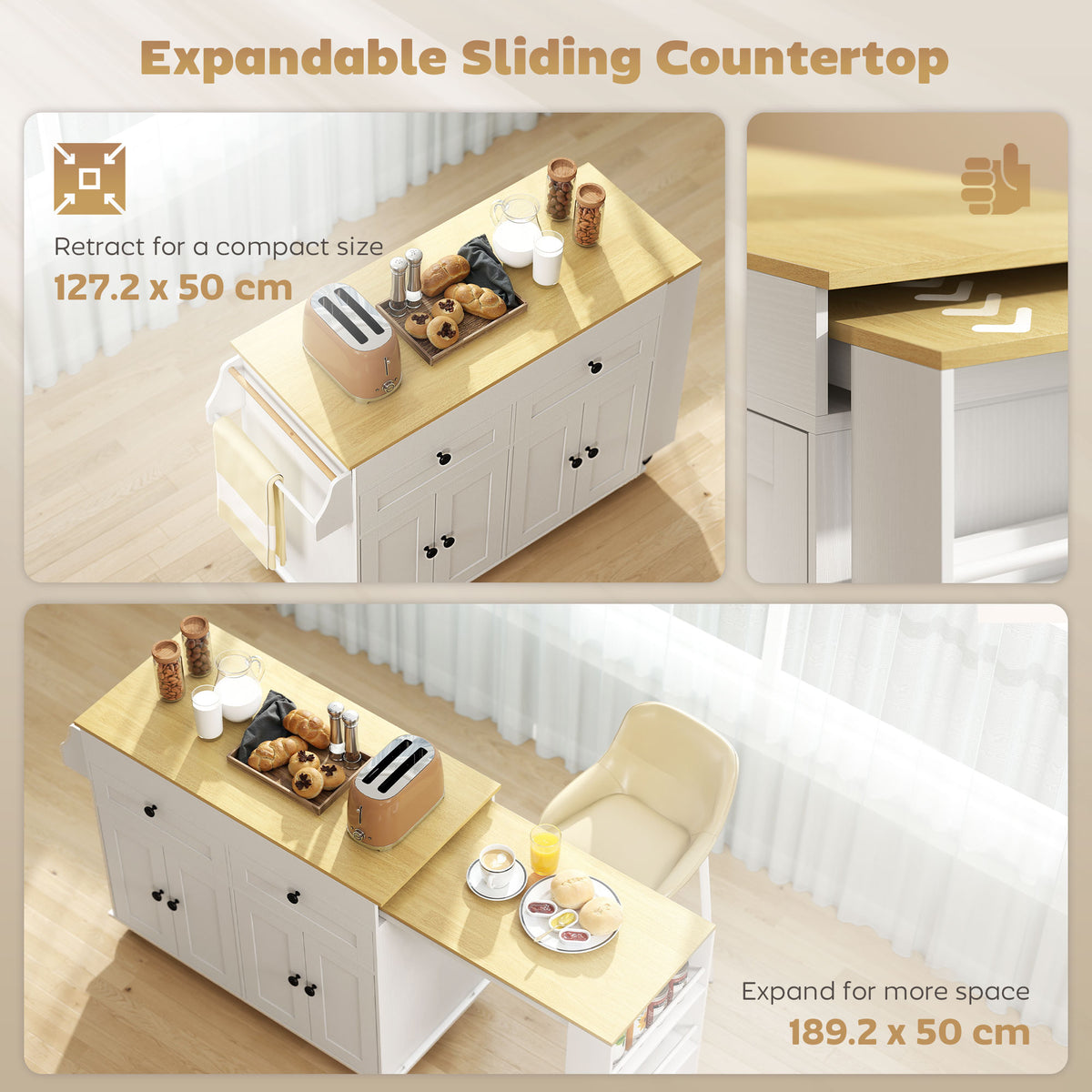 Expandable sliding countertop kitchen island with compact and extended work surfaces.