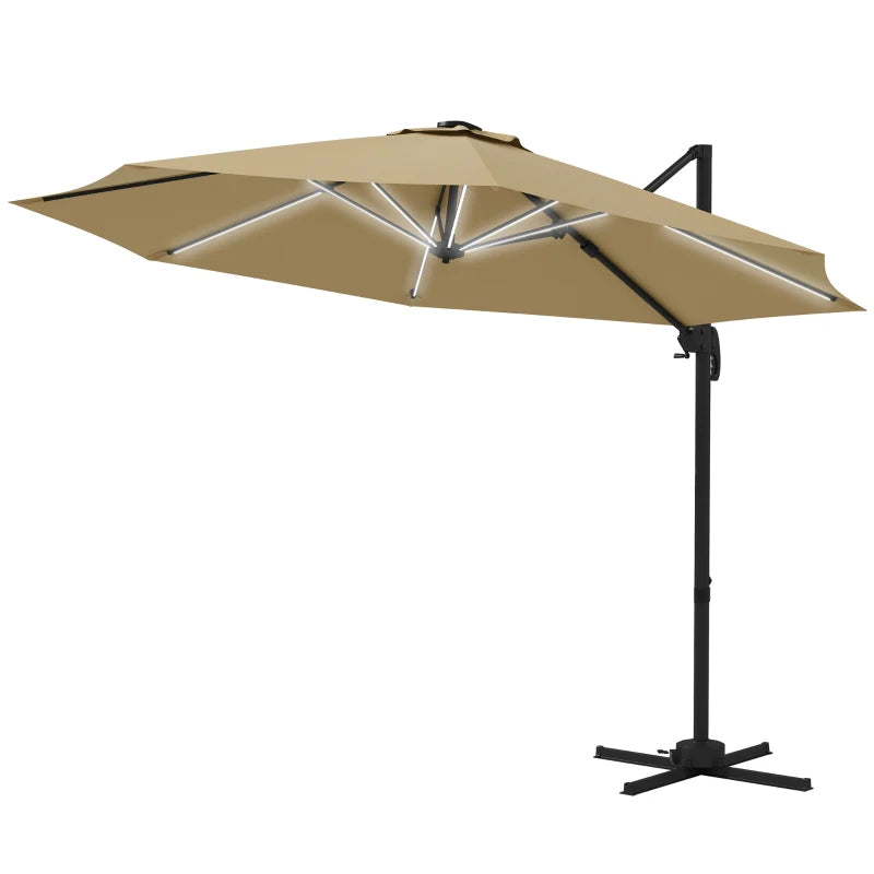 Outsunny 3m Adjustable Cantilever Parasol with Base and Solar LED Lights, Khaki – Outdoor Patio Umbrella - ALL4U RETAILER LTD