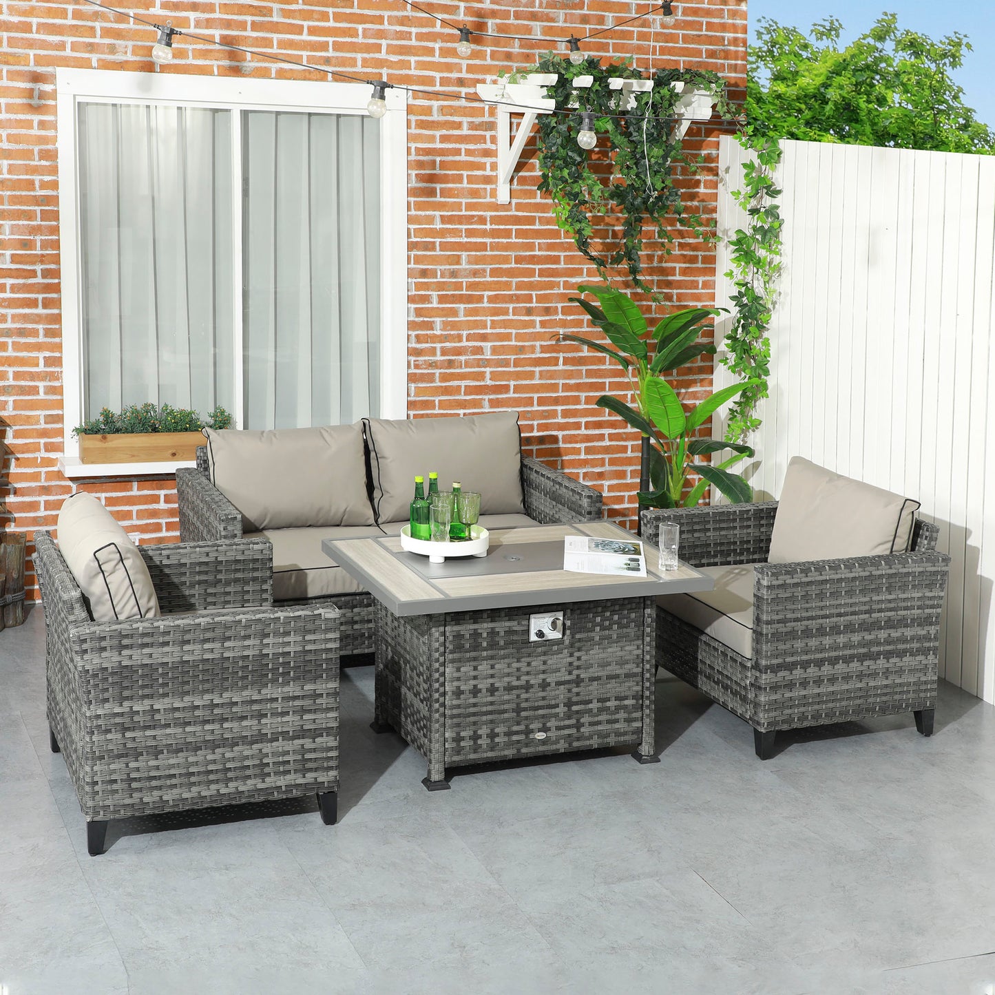 Outsunny 5-Piece Grey Rattan Patio Sofa Set with Gas Fire Pit Table and Cushions - ALL4U RETAILER LTD