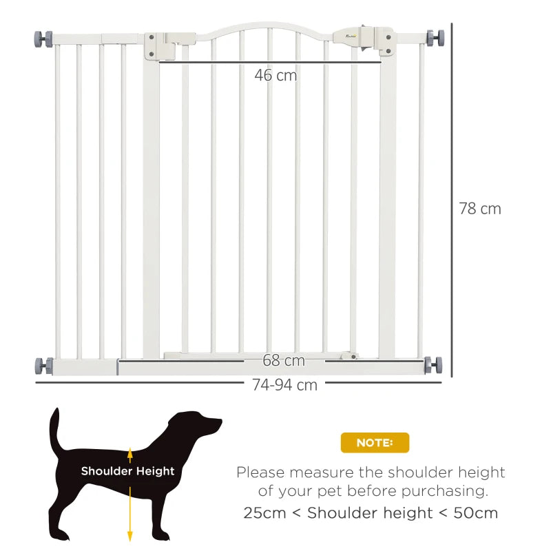 PawHut Metal Adjustable Pet Gate Safety Barrier with Auto-Close Door - White (74-94cm) - ALL4U RETAILER LTD