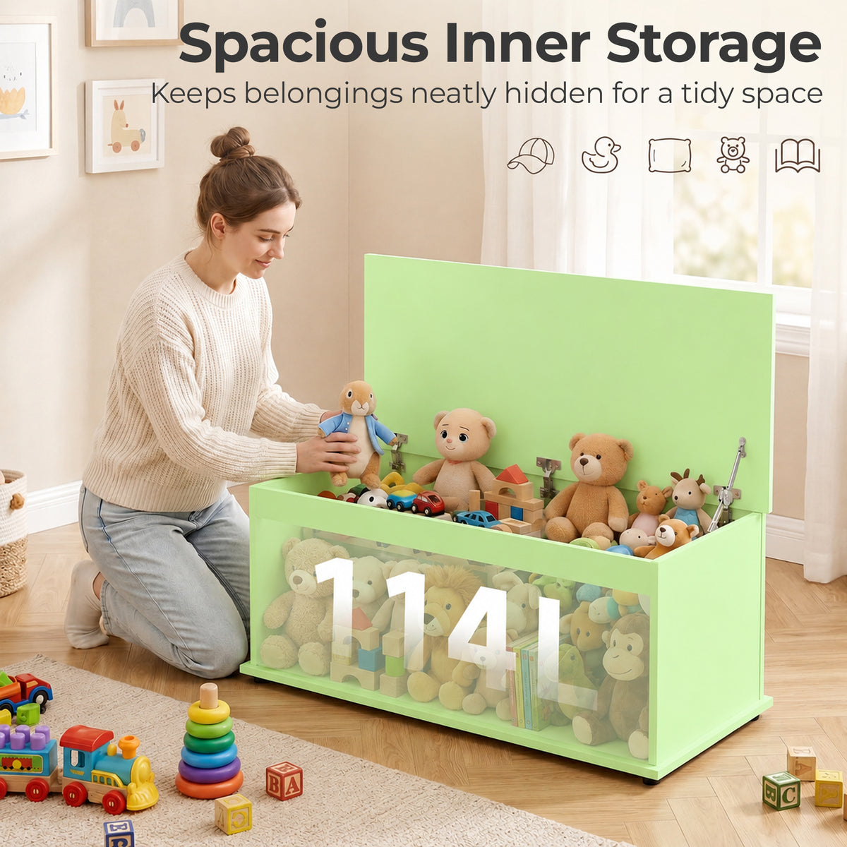 Homcom 114L Green Wooden Storage Bench With Safety Hinge For Home