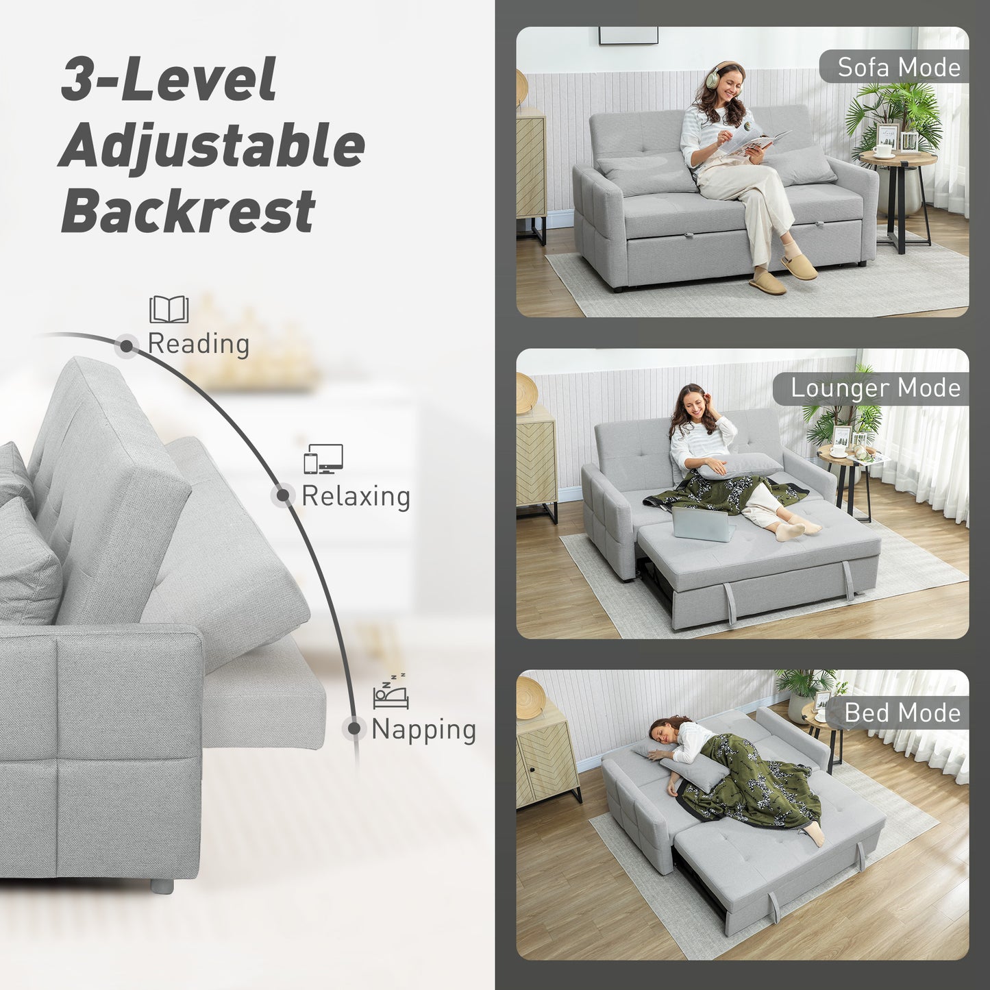 HOMCOM Three Way Two Seater Sofa Bed Light Grey Three In One Compact Linen Look Upholstered Sofa