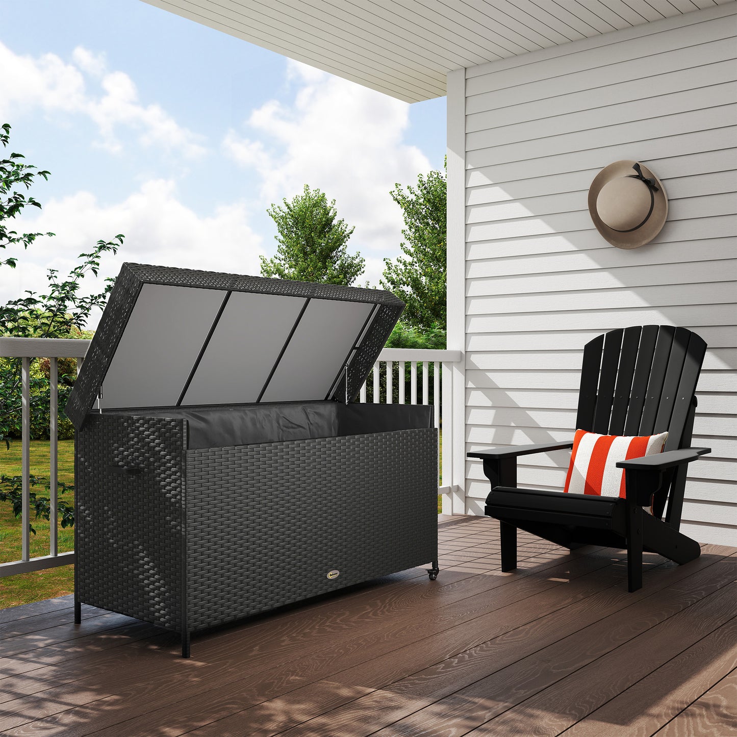 Outsunny 627 L Rattan Garden Storage Box Black With Gas Strut Lift And Steel Frame