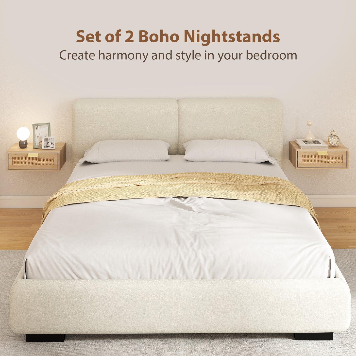 HOMCOM Floating Bedside Tables Set Of 2 Wall Mounted Cabinets With Rattan Drawer And Oak Wood Effect