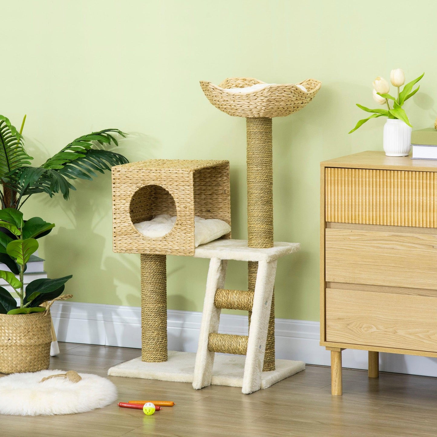 PawHut Cat Tree Tower Cattail Weave w/ Scratching Posts House Bed Cushion, Natural - ALL4U RETAILER LTD