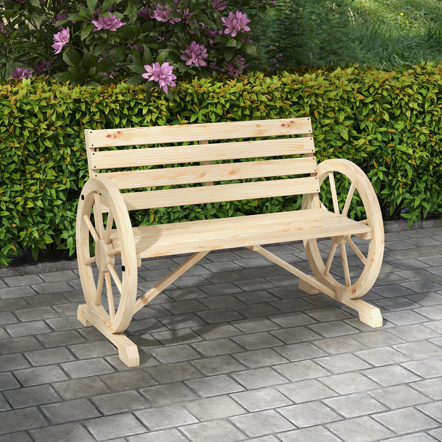 Outsunny Wagon Wheel Chair Bench With Armrests Rustic Loveseat For Outdoor Garden Patio Natural Wood Finish