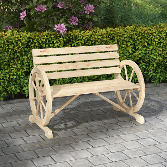 Outsunny Wagon Wheel Chair Bench With Armrests Rustic Loveseat For Outdoor Garden Patio Natural Wood Finish