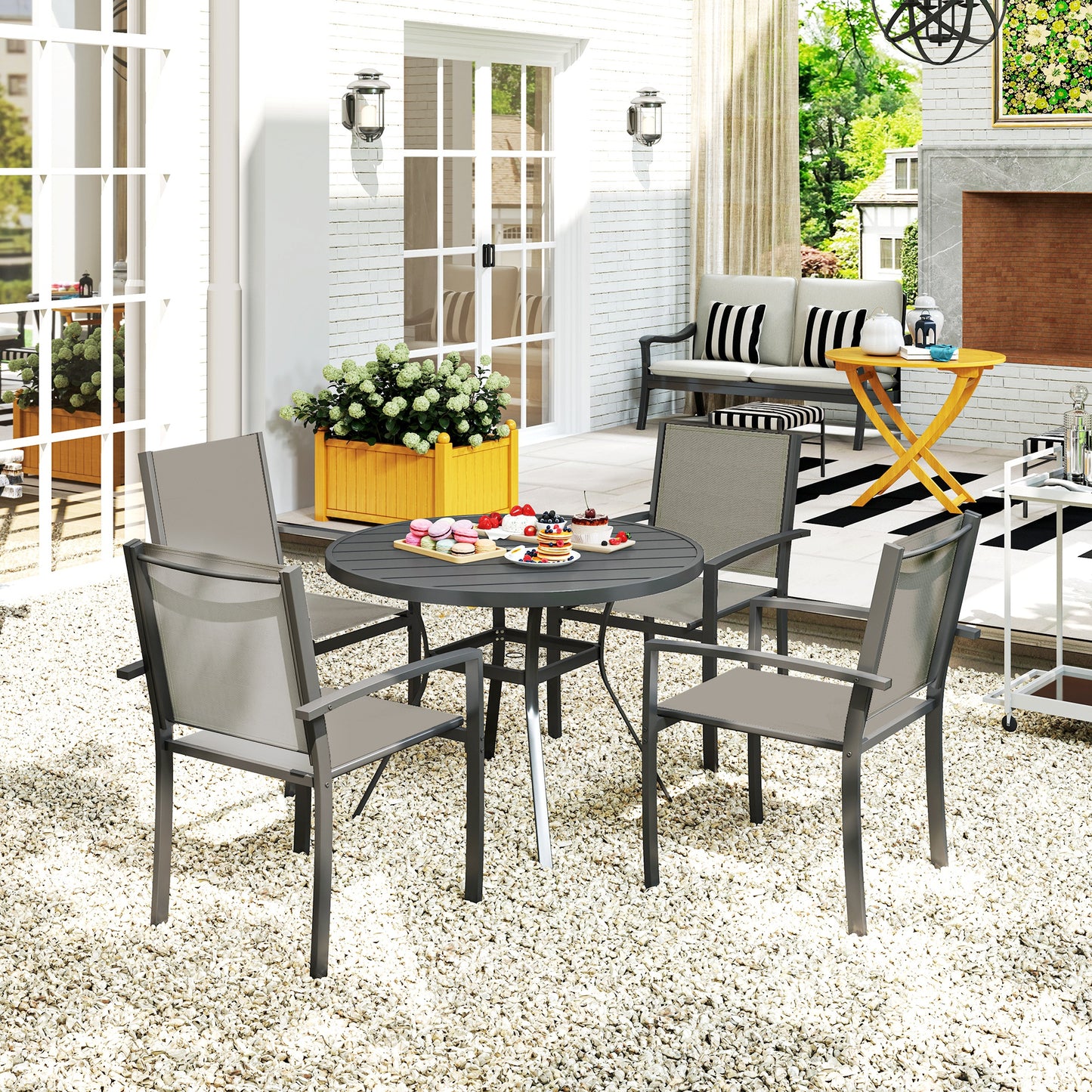 Outsunny 5 Piece Garden Furniture Set With Round Table And 4 Stackable Chairs In Dark Grey