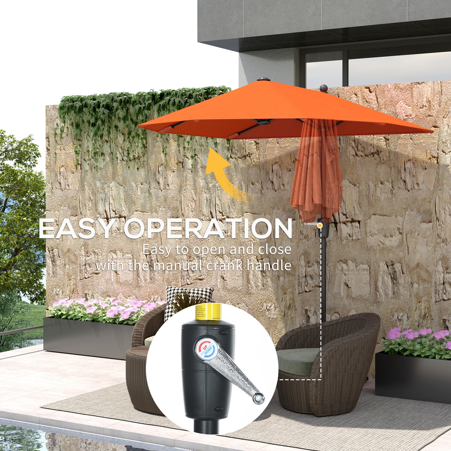 Outsunny 2m Half Parasol Umbrella Orange Extra Long Canopy For Wall Or Window Shade Outdoor Garden Sun Shelter