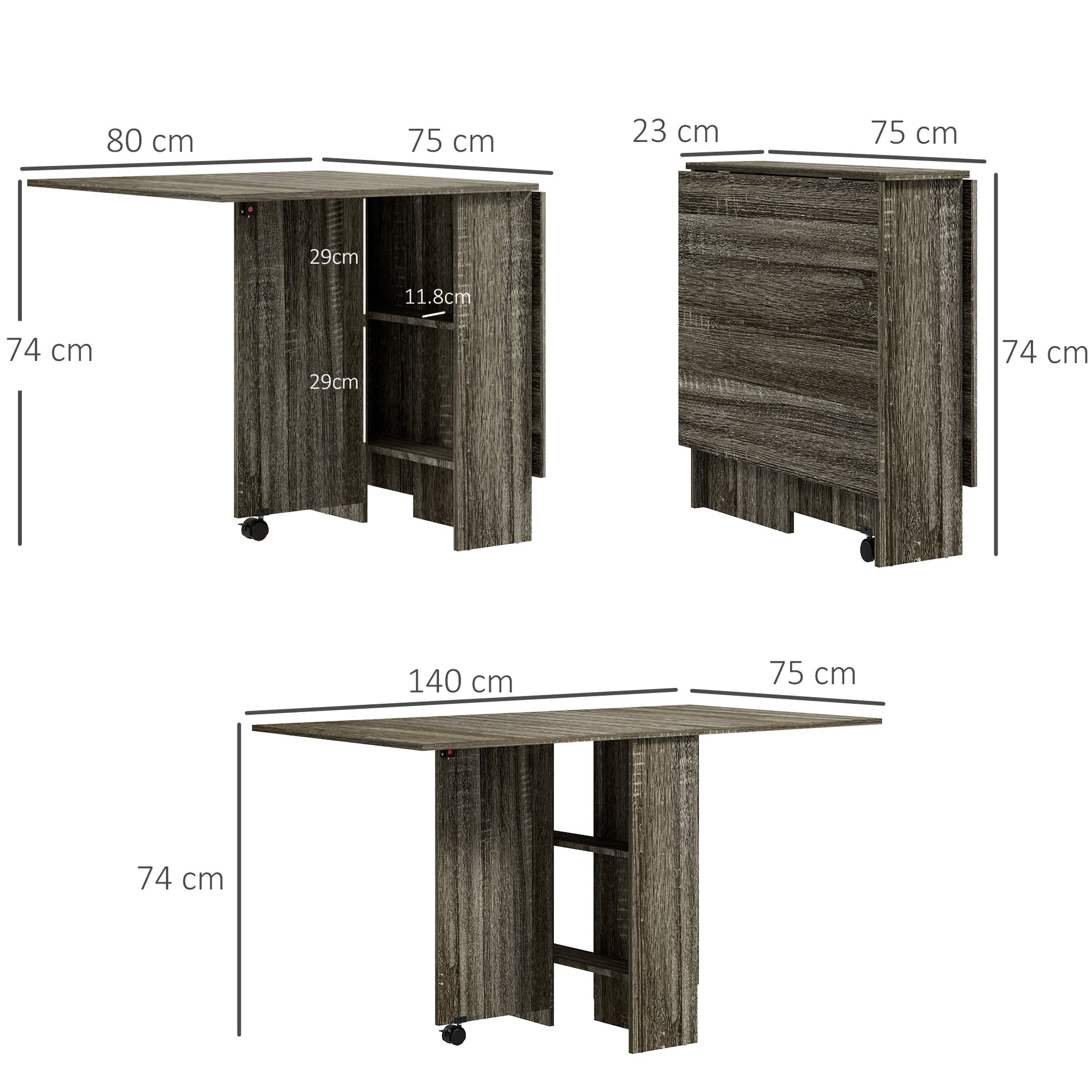 HOMCOM Compact Grey Drop Leaf Folding Dining Table with Storage Shelves and Wheels - ALL4U RETAILER LTD