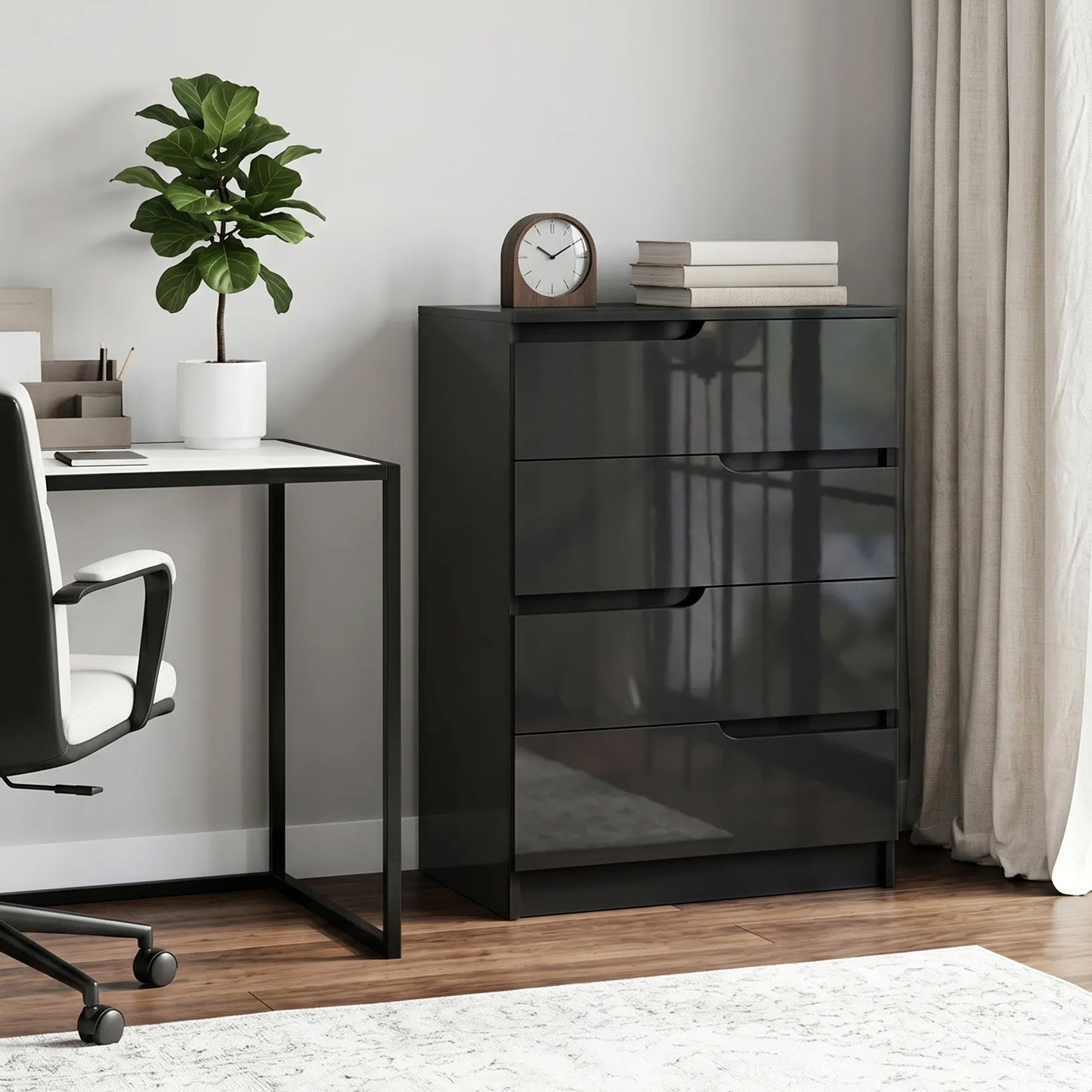 HOMCOM Four Drawer Chest With High Gloss Front Drawers In Black For Modern Bedroom Storage
