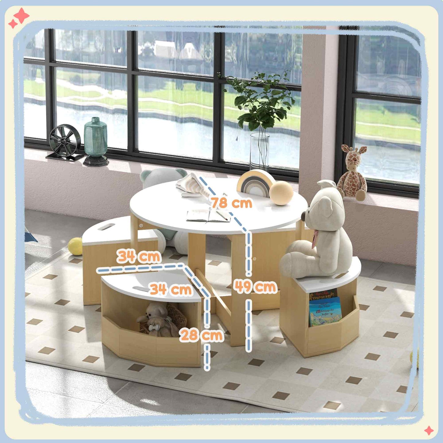 AIYAPLAY Five Piece Kids Table And Chairs Set With Storage For Ages 3 To 8 White