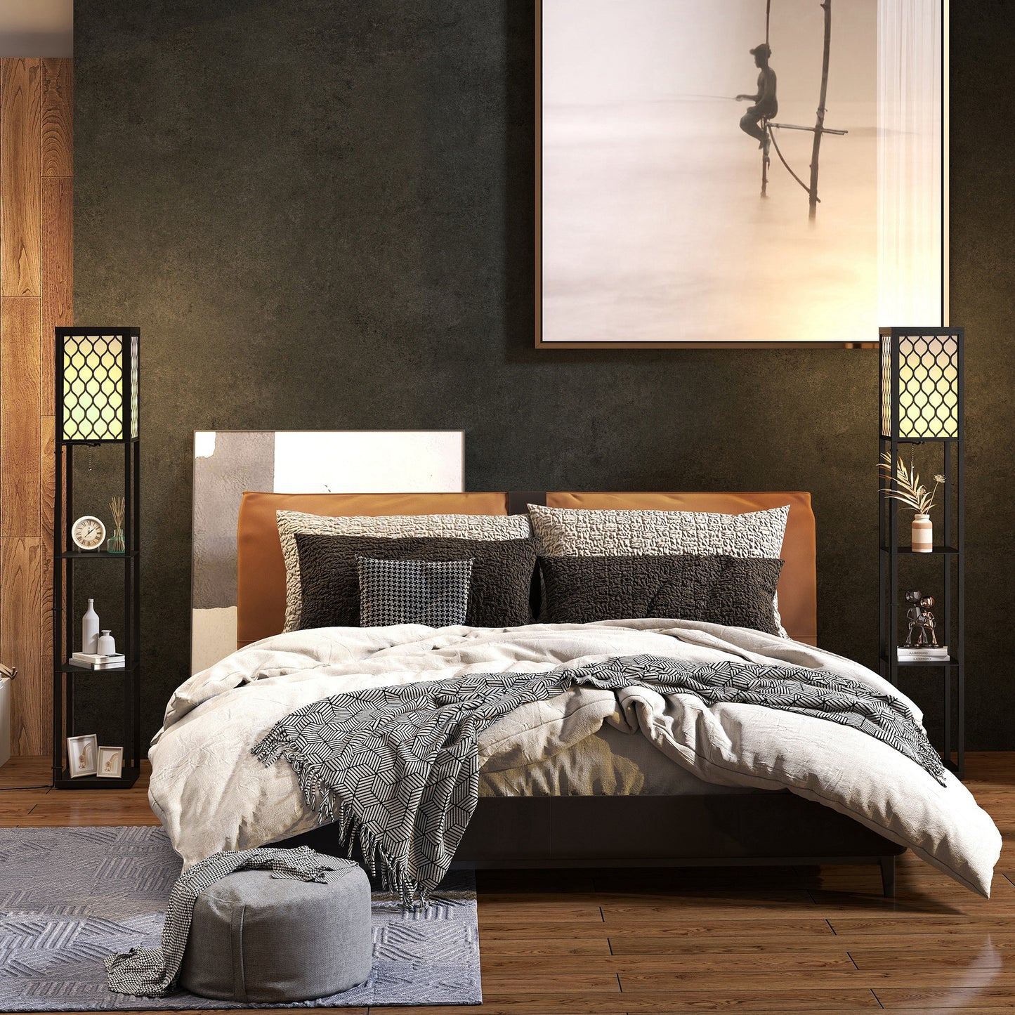 HOMCOM Set of 2 Three Shelf Tall Standing Lamps with Built in Storage Shelves in Black