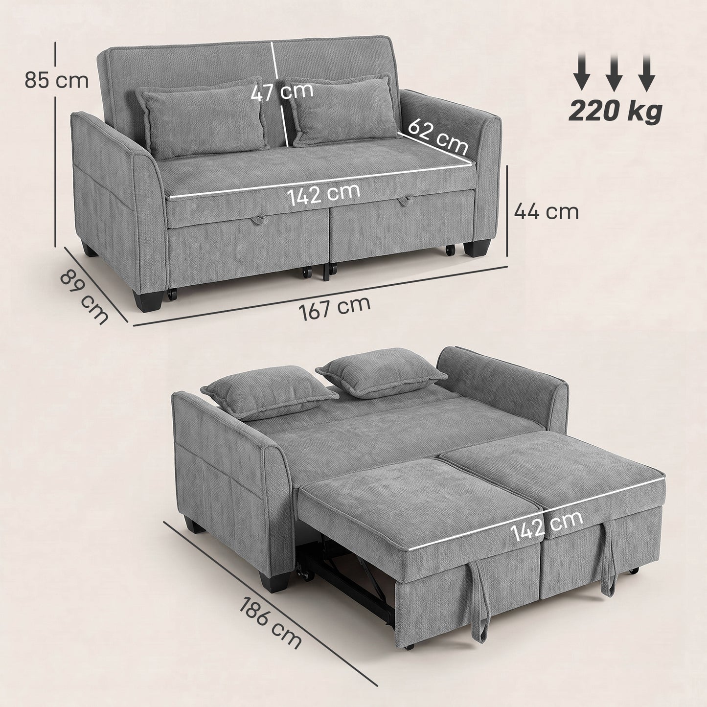 HOMCOM 2 Seater Sofa Bed 4 In 1 L Shaped Convertible Pull Out Sleeper With Adjustable Backrest And Side Pockets Grey