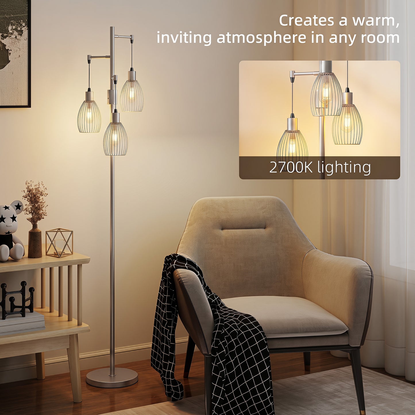 HOMCOM 170.5cm Industrial Dimmable Standing Lamp Three Light Floor Lamp With Steel Wire Cage Lampshades Silver Tone