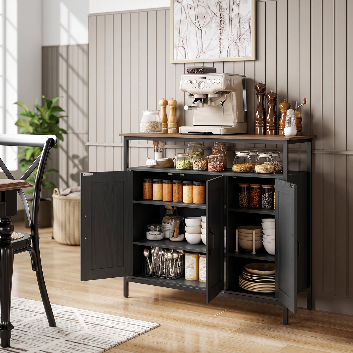 Dark gray industrial sideboard with open cabinets and interior shelves for pantry storage