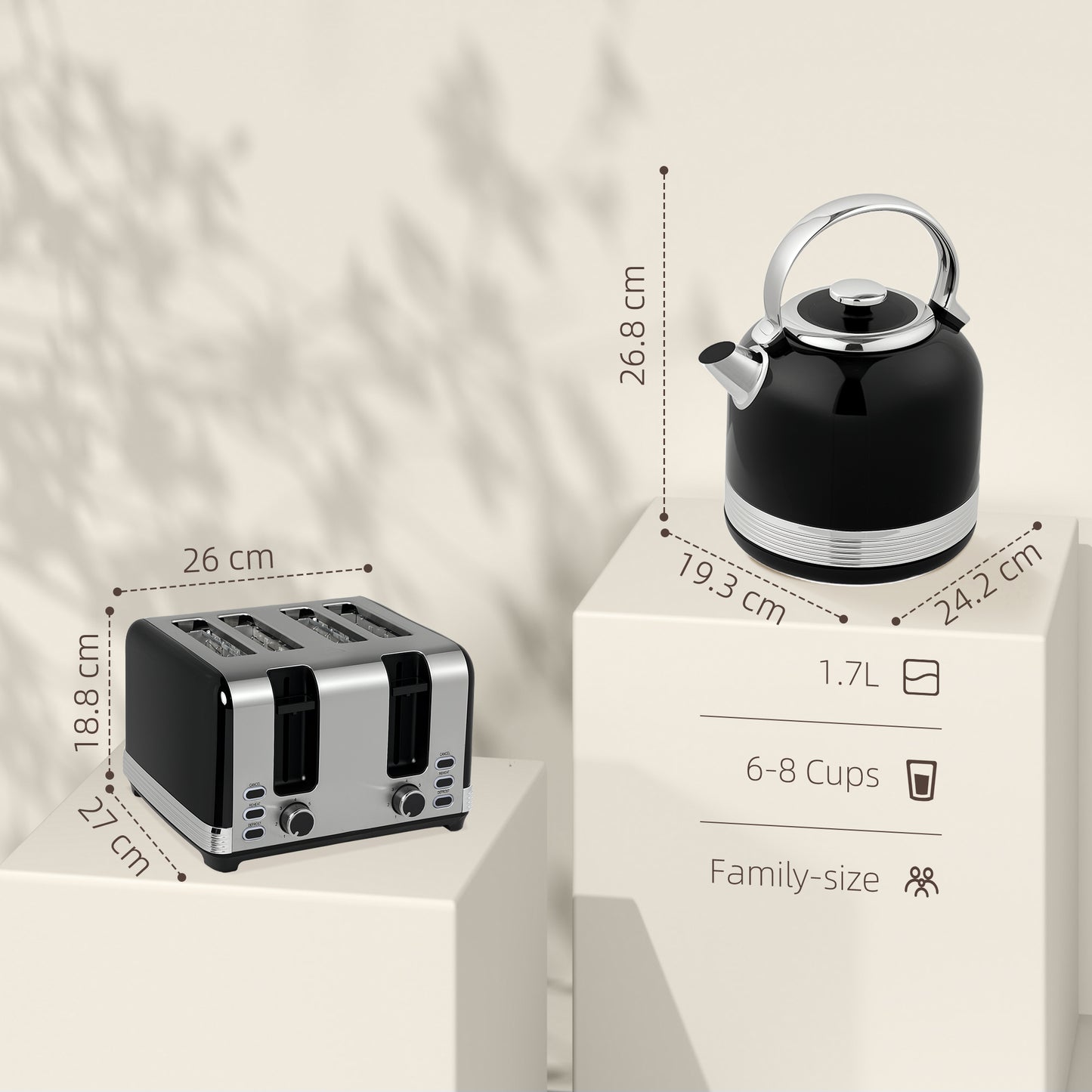 HOMCOM Polished Stainless Steel Kettle and Toaster Set Black, 3000W Kettle, Four Slice Toaster
