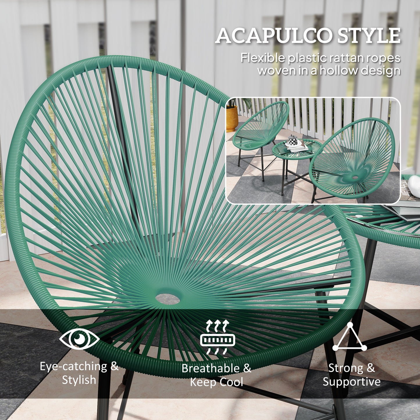Outsunny Rattan Bistro Set with Acapulco Chairs and Glass Table in Green for Outdoor Patio Garden