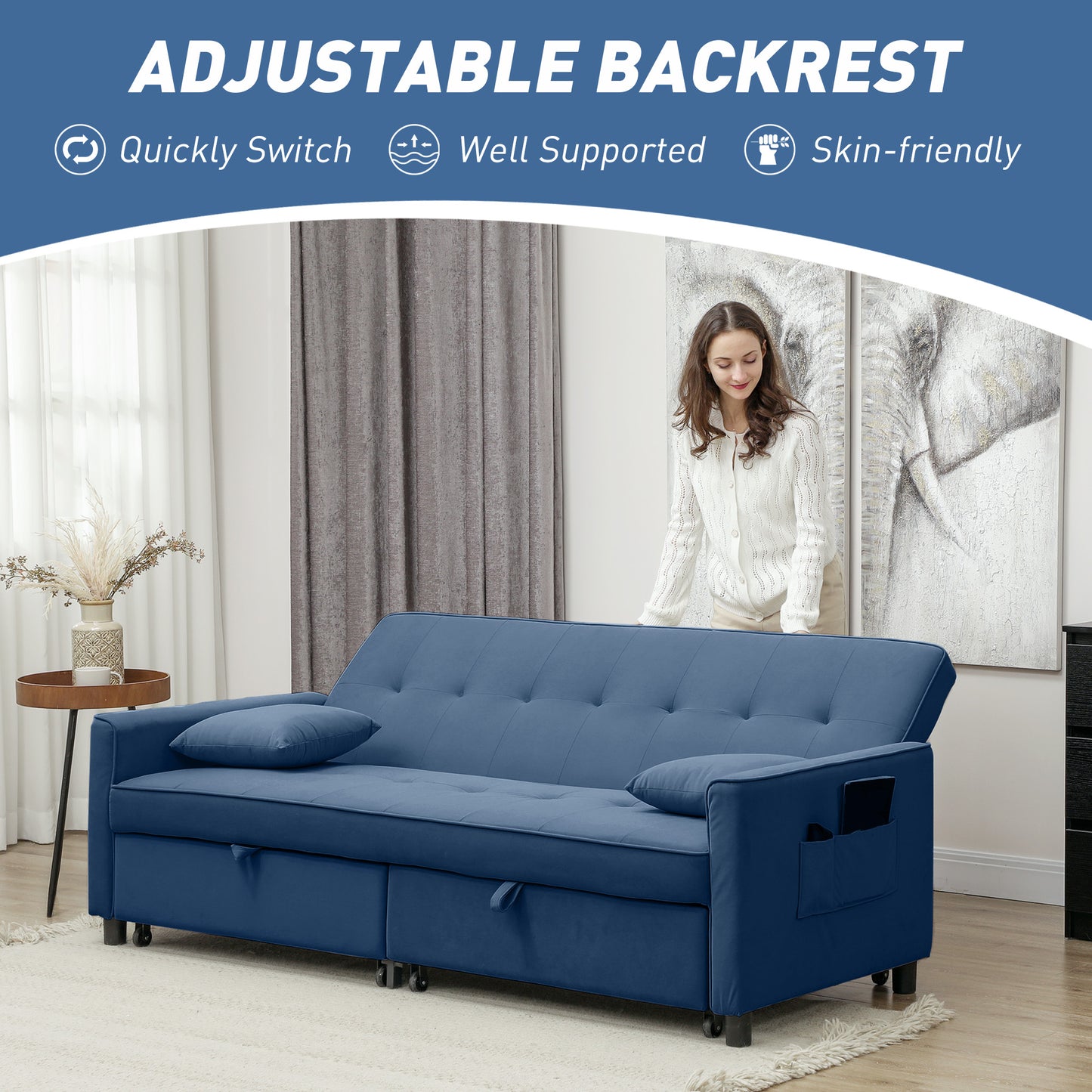 HOMCOM Velvet Feel Three Seater Sofa Bed With Click Clack Mechanism On Wheels In Blue