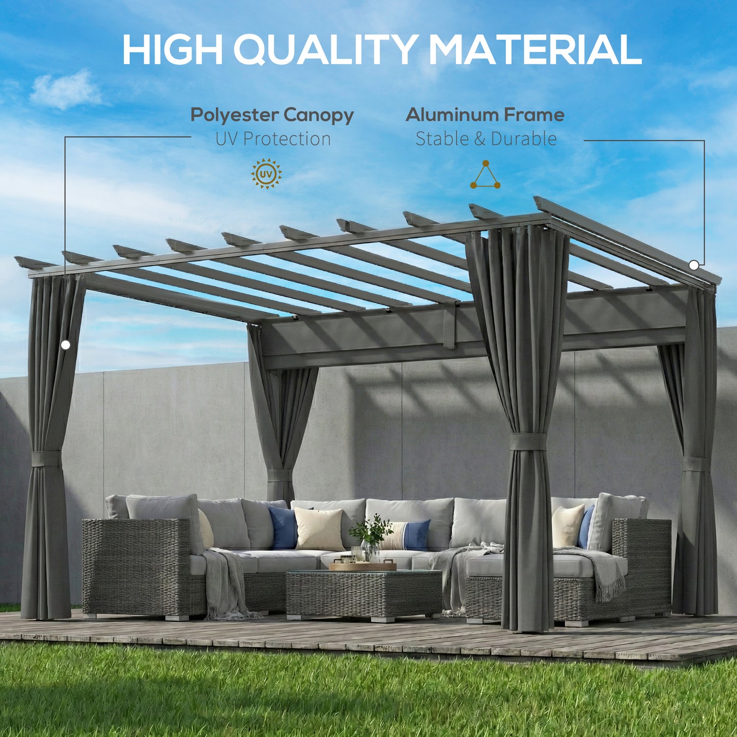 Outsunny 3.6 x 3 m Pergola With Retractable Roof Canopy Curtains Aluminium Garden Gazebo Sun Shade Shelter Dark Grey