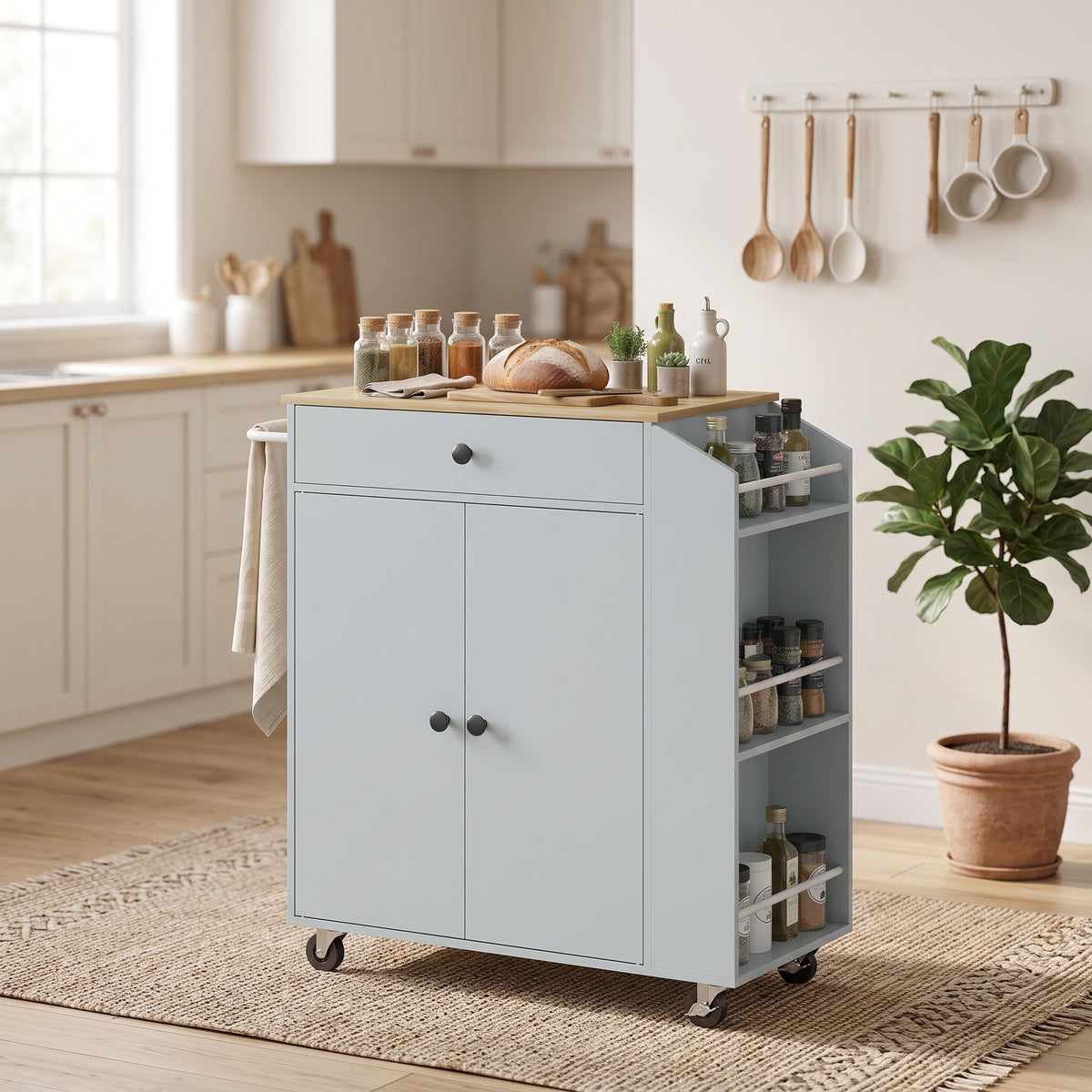 Light gray rolling kitchen island cart with wide countertop, drawer front, and side spice storage
